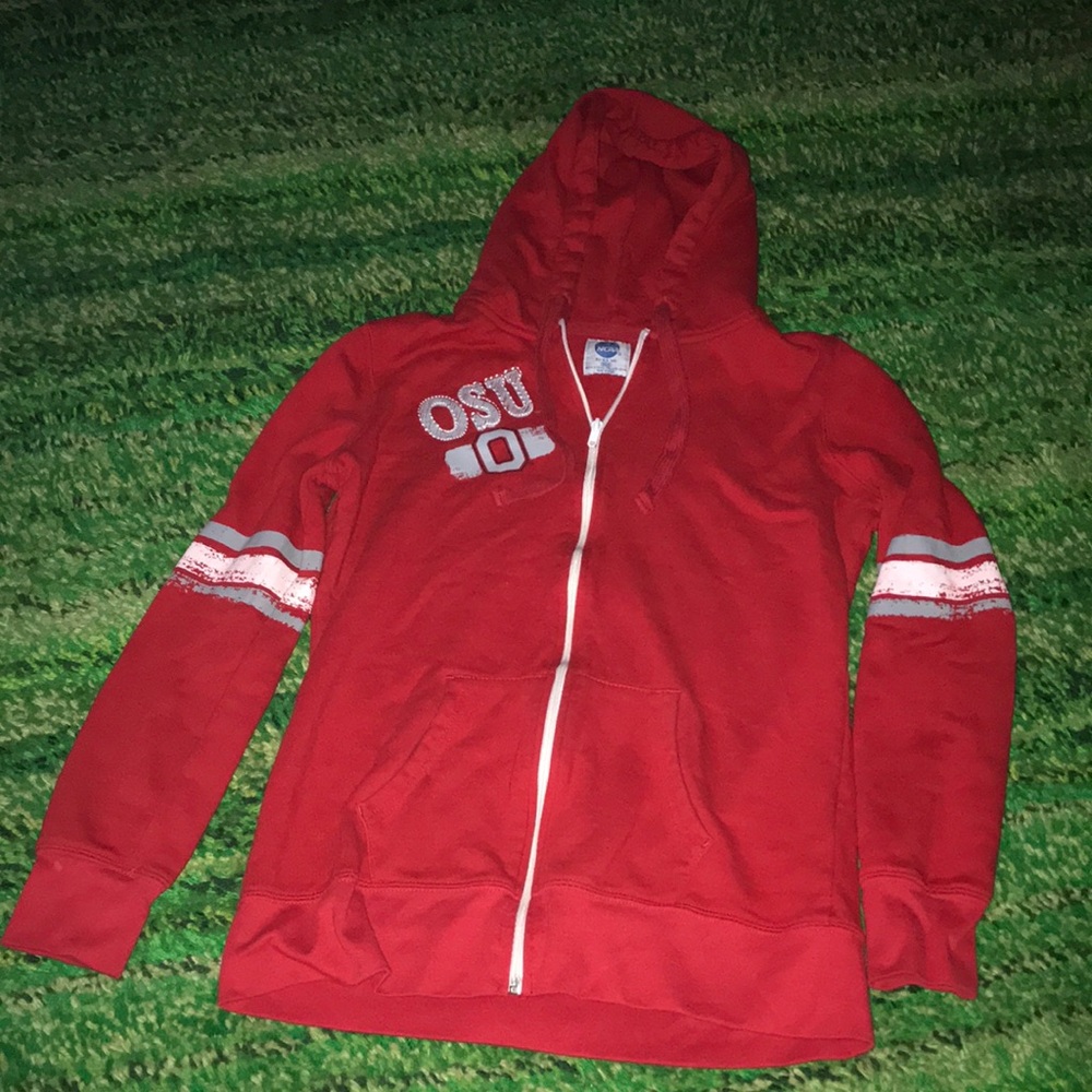 Ohio State Buckeyes NCAA Red Zip Front Hoodie White Stripe Accents Mens M